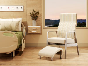 Hale Motion Chair, shown with Full Cap Arm Cap; Fabrics: Architex Divison Noble Square on back and Architex Happy Cloud Nine on seat and ottoman