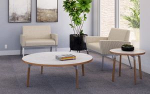 Dune Occasional Tables, shown with Round Tops and Wood Leg